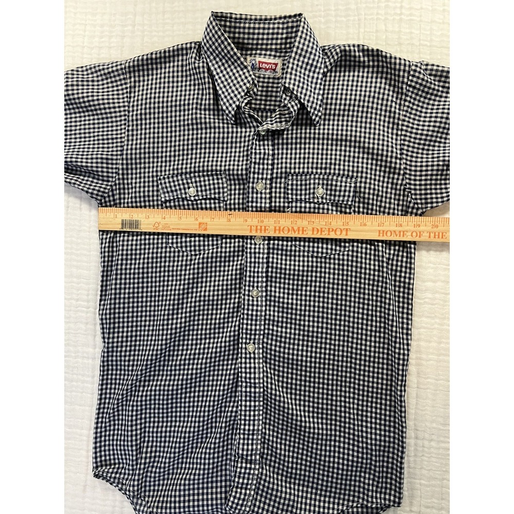Vintage Levis Western Shirt Mens Navy White Gingham Plaid 70s Super Thin Small - Picture 5 of 7
